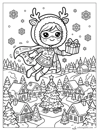 Kawaii reindeer superhero flying with a gift over a snowy Christmas village and tree