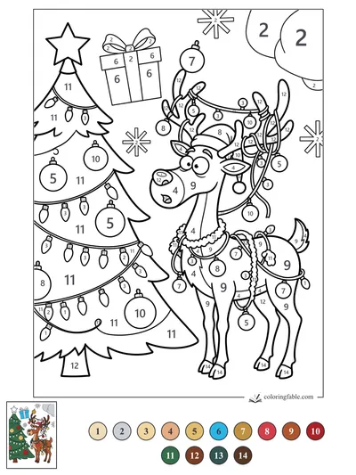 Reindeer Tangled in Christmas Tree Lights — color by number
