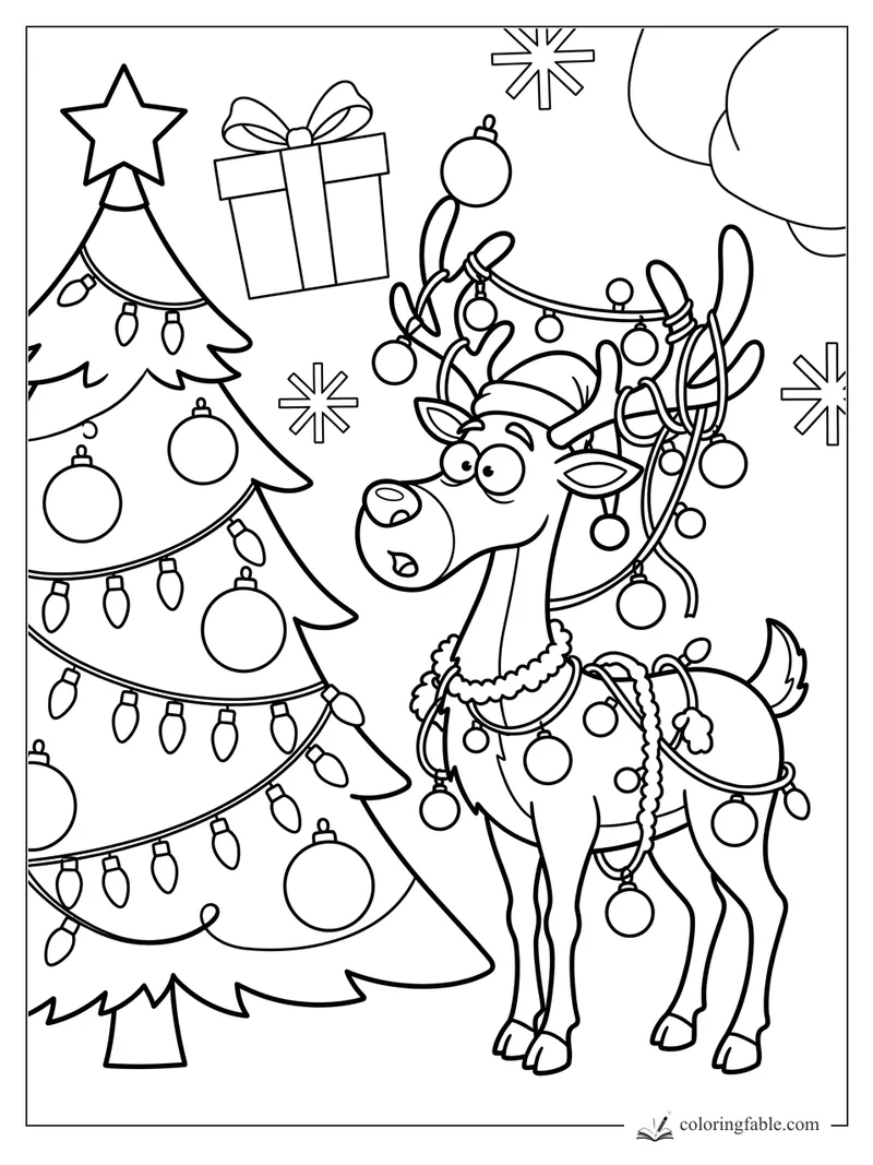 Cartoon reindeer tangled in ornaments and string lights beside a decorated Christmas tree and floating gift.