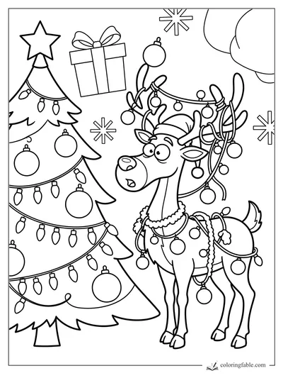 Cartoon reindeer tangled in ornaments and string lights beside a decorated Christmas tree and floating gift.