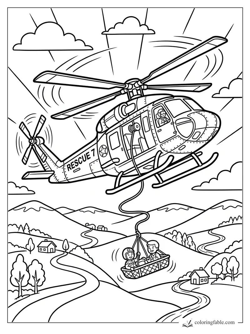 Cartoon Rescue 7 helicopter lifting two people in a basket above winding roads and mountains