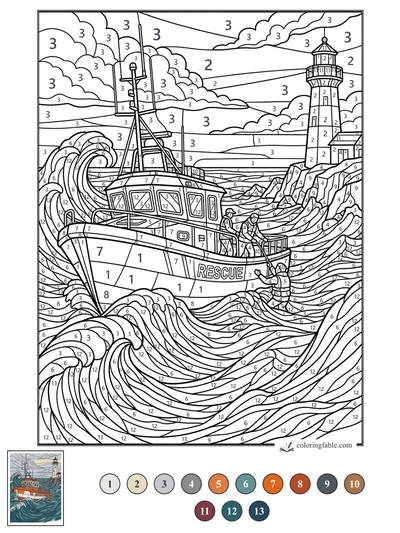 Rescue Boat Beneath the Lighthouse Waves — color by number