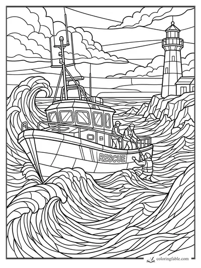 Stained-glass rescue boat crew pulling a person from rough waves near a cliff lighthouse