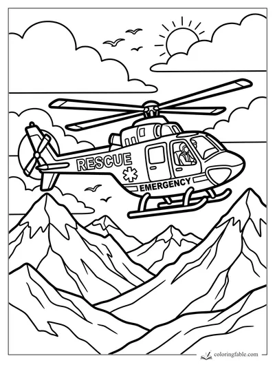Easy rescue helicopter coloring page flying above snowy mountains, clouds, sun, and birds.