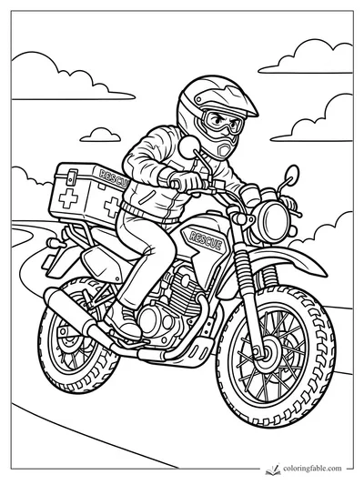 Cartoon rescue motorcyclist with helmet, medical box, and knobby tires on a curving road