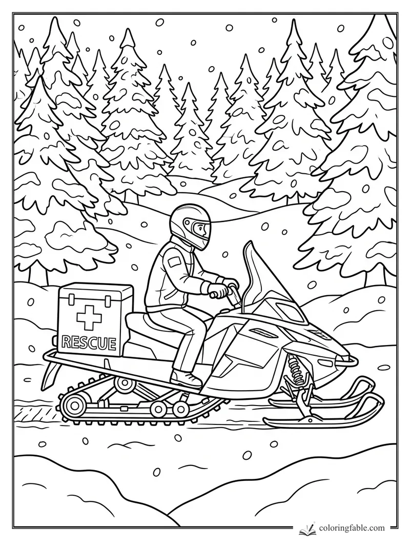 Rescue snowmobile rider carrying a medical box through snowy pine woods