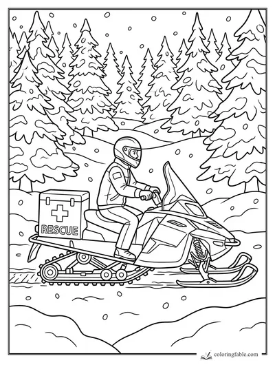 Rescue snowmobile rider carrying a medical box through snowy pine woods