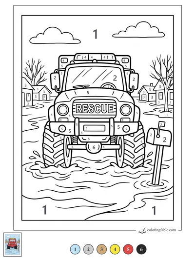 Rescue Truck Splashing Through a Flooded Street — color by number