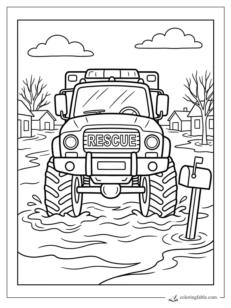 Easy coloring page of a rescue truck driving through floodwater past houses, bare trees, and a tilted mailbox.