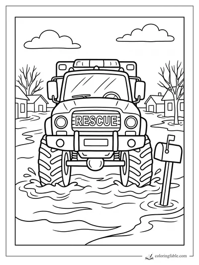 Easy coloring page of a rescue truck driving through floodwater past houses, bare trees, and a tilted mailbox.