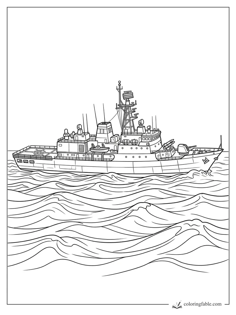 Realistic research ship with radar mast, lifeboats, and anchor line riding rolling ocean waves