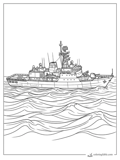 Realistic research ship with radar mast, lifeboats, and anchor line riding rolling ocean waves
