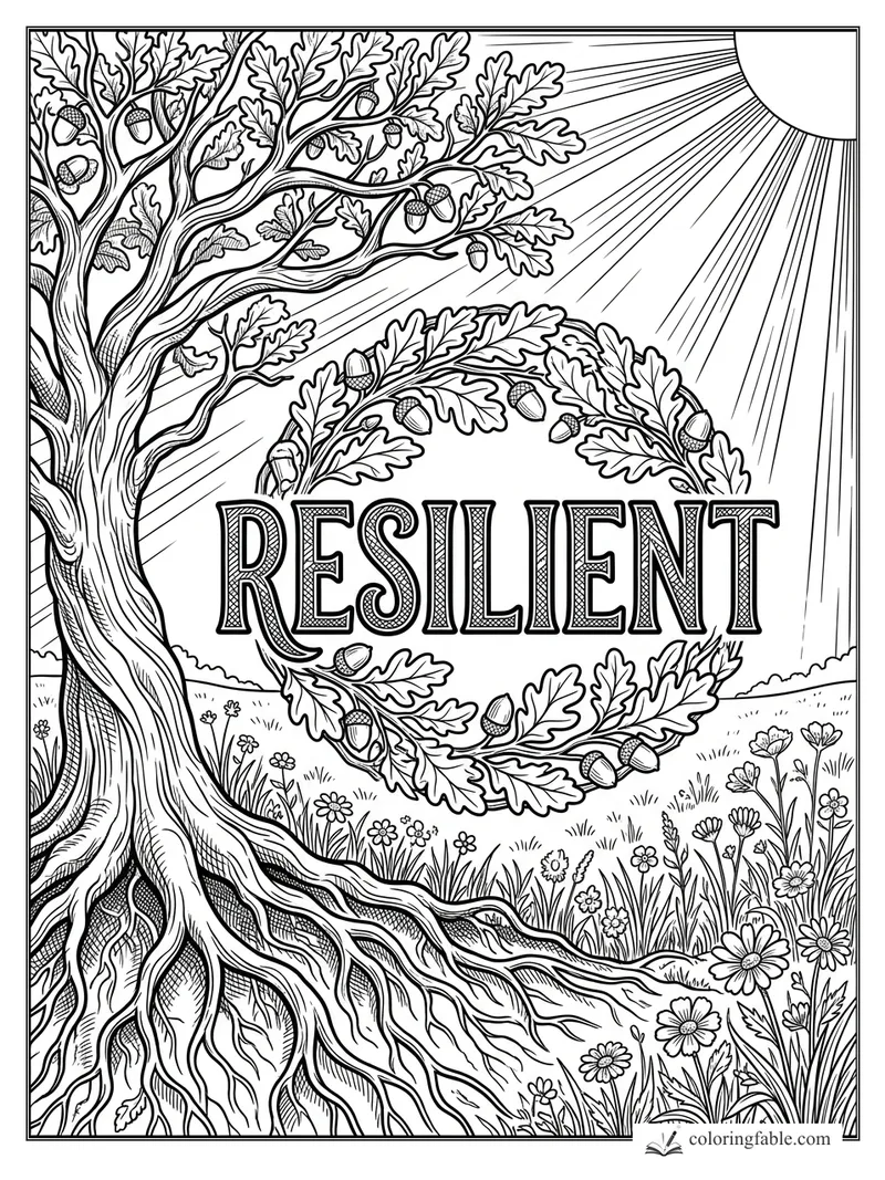 Engraved oak tree with exposed roots, acorn wreath, sun rays, wildflowers, and the word Resilient.