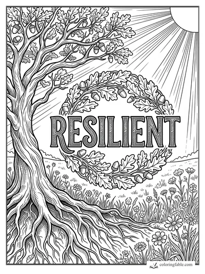 Engraved oak tree with exposed roots, acorn wreath, sun rays, wildflowers, and the word Resilient.