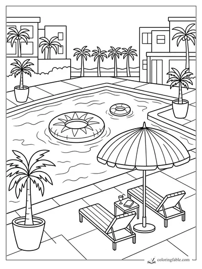 Resort pool coloring page with palm trees, striped umbrella, lounge chairs, and sun-shaped float