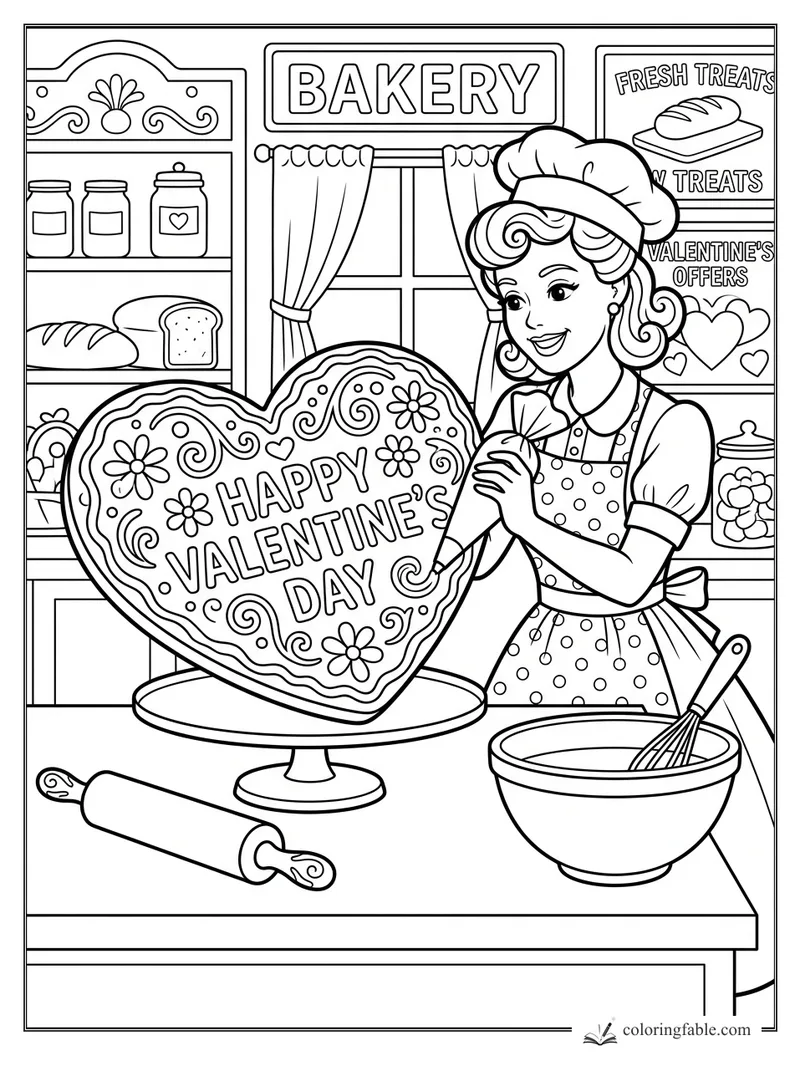 Retro baker icing a giant heart cookie in a bakery with rolling pin, mixing bowl, and Valentine signs