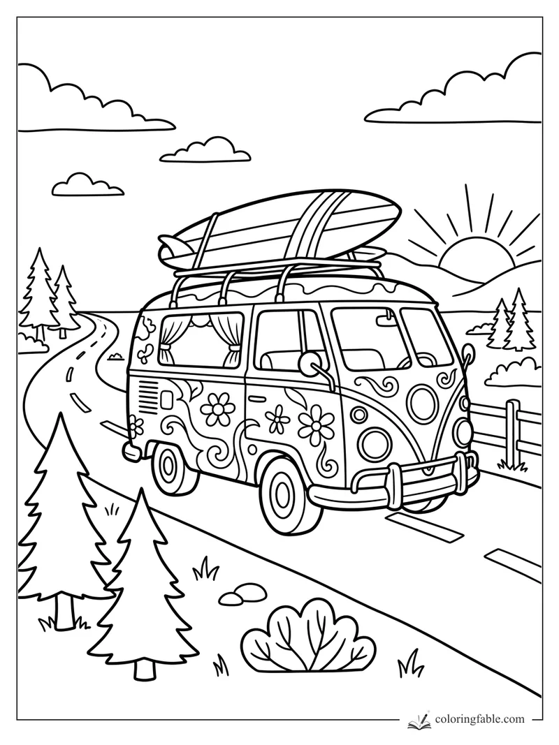 Vintage camper van with flower decals, roof surfboard, pine trees, winding road, and sunrise