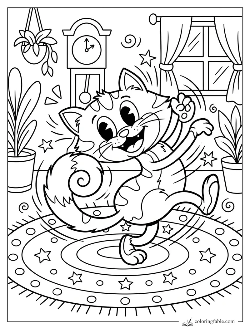 Cheerful retro kitten dancing on a round star rug with plants, clock, window, and curtains.