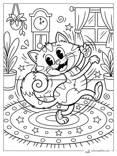 Cheerful retro kitten dancing on a round star rug with plants, clock, window, and curtains.