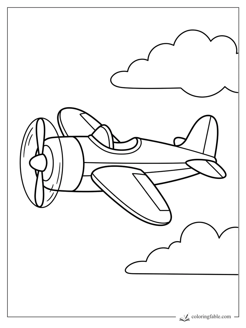 Vintage propeller airplane with open cockpit flying between two puffy clouds