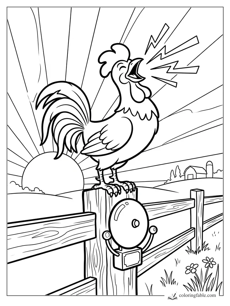 Vintage rooster crowing on a fence post at sunrise with a round bell and distant farm