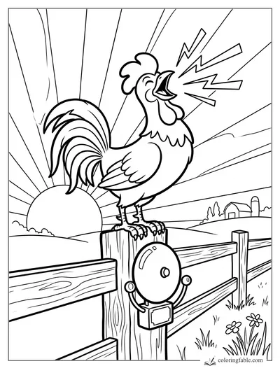 Vintage rooster crowing on a fence post at sunrise with a round bell and distant farm