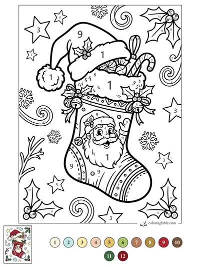 Retro Santa Stocking with Holly and Swirls — color by number