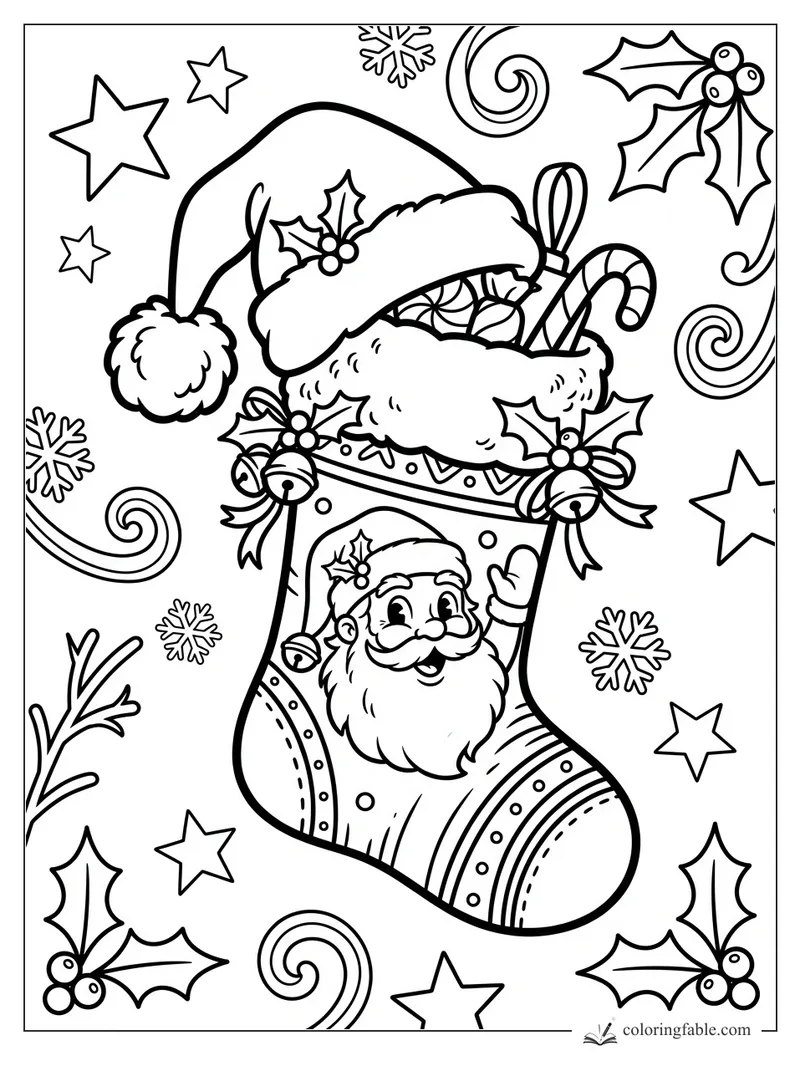 Vintage Santa stocking with candy cane, bells, holly, stars, snowflakes, and curled retro swirls.