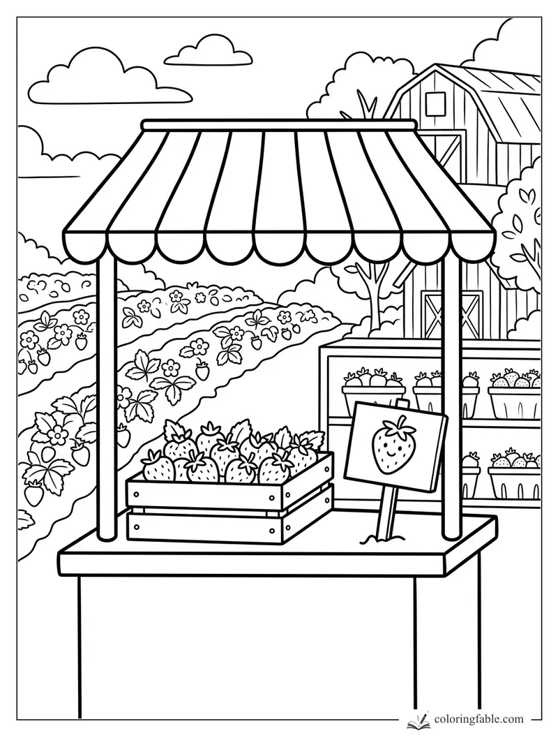 Vintage strawberry farm stand with striped awning, berry crates, field rows, barn, sign, and clouds.