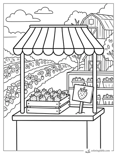 Vintage strawberry farm stand with striped awning, berry crates, field rows, barn, sign, and clouds.