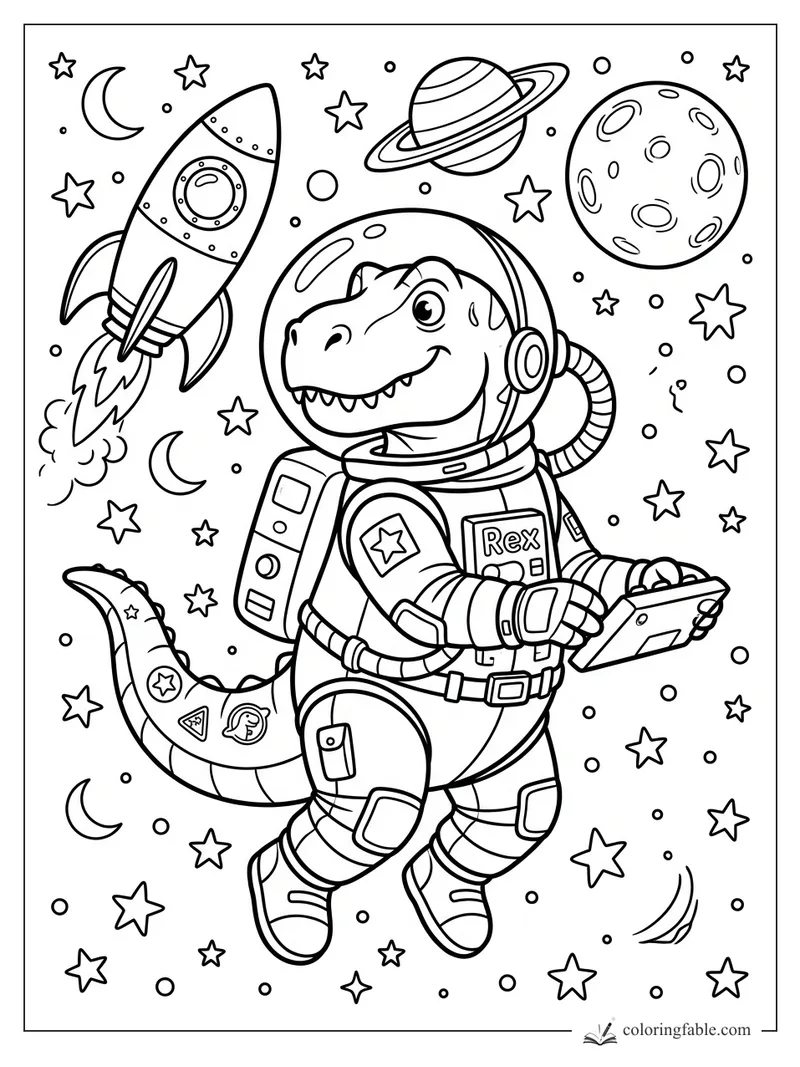 Cartoon T. rex astronaut named Rex floating with rocket, planets, moons, and stars in space