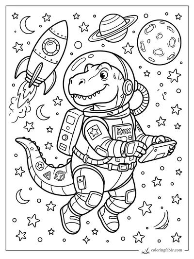 Cartoon T. rex astronaut named Rex floating with rocket, planets, moons, and stars in space