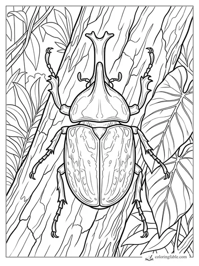 Realistic rhinoceros beetle with raised legs climbing tree bark among broad tropical leaves