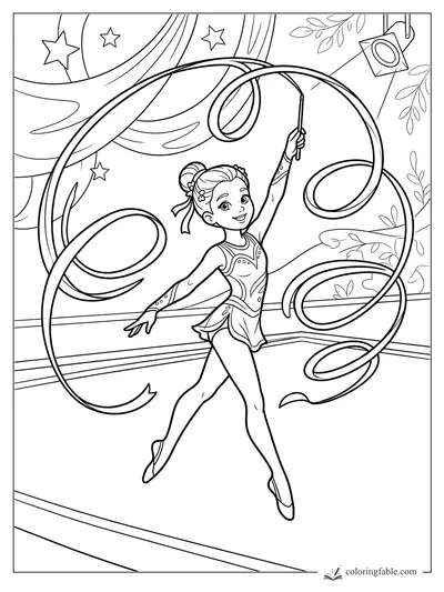 Cartoon rhythmic gymnast smiling as her ribbon loops around stage curtains, stars, leaves, and a spotlight.