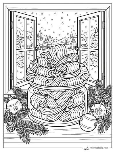 Striped ribbon candy in a glass jar on a pine-trimmed windowsill with ornaments and snowy village view