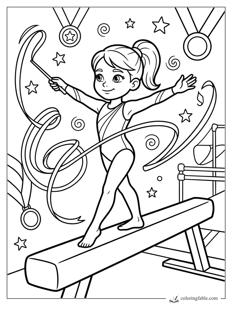 Cartoon girl gymnast smiling on a balance beam with ribbon wand, medals, stars, and swirls.