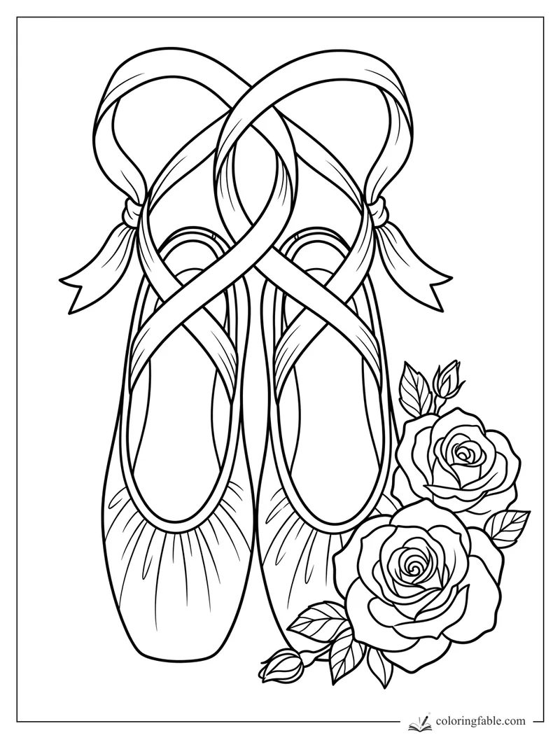 Ballet pointe shoes with crossed ribbons and roses coloring page