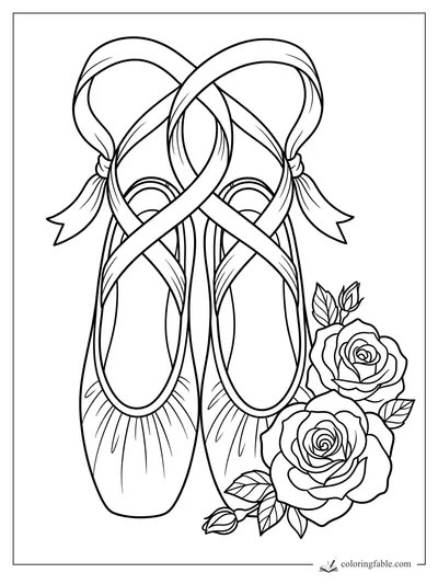 Ballet pointe shoes with crossed ribbons and roses coloring page