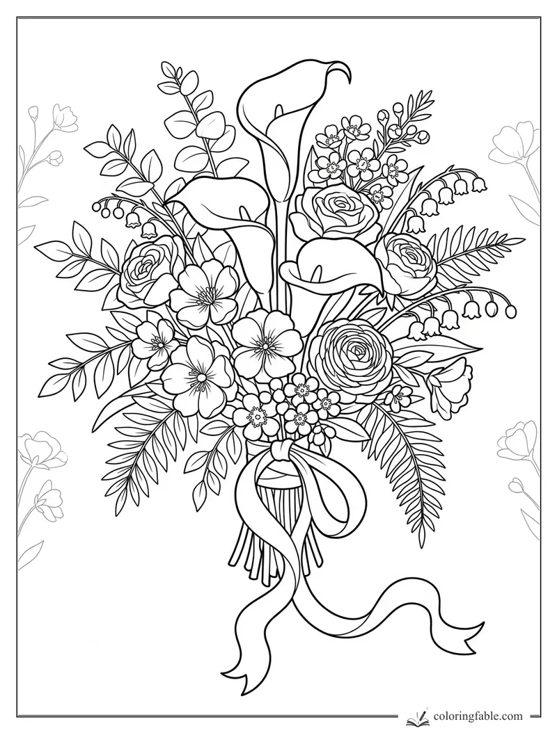 Bouquet coloring page with calla lilies, roses, bell flowers, fern leaves, and a long ribbon bow.