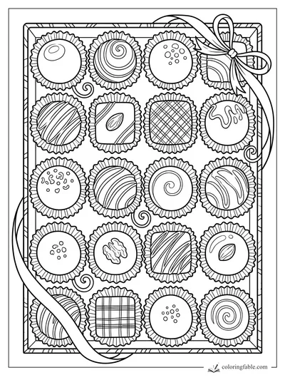 Coloring page of a ribbon-tied chocolate box with 20 assorted truffles in ruffled cups.