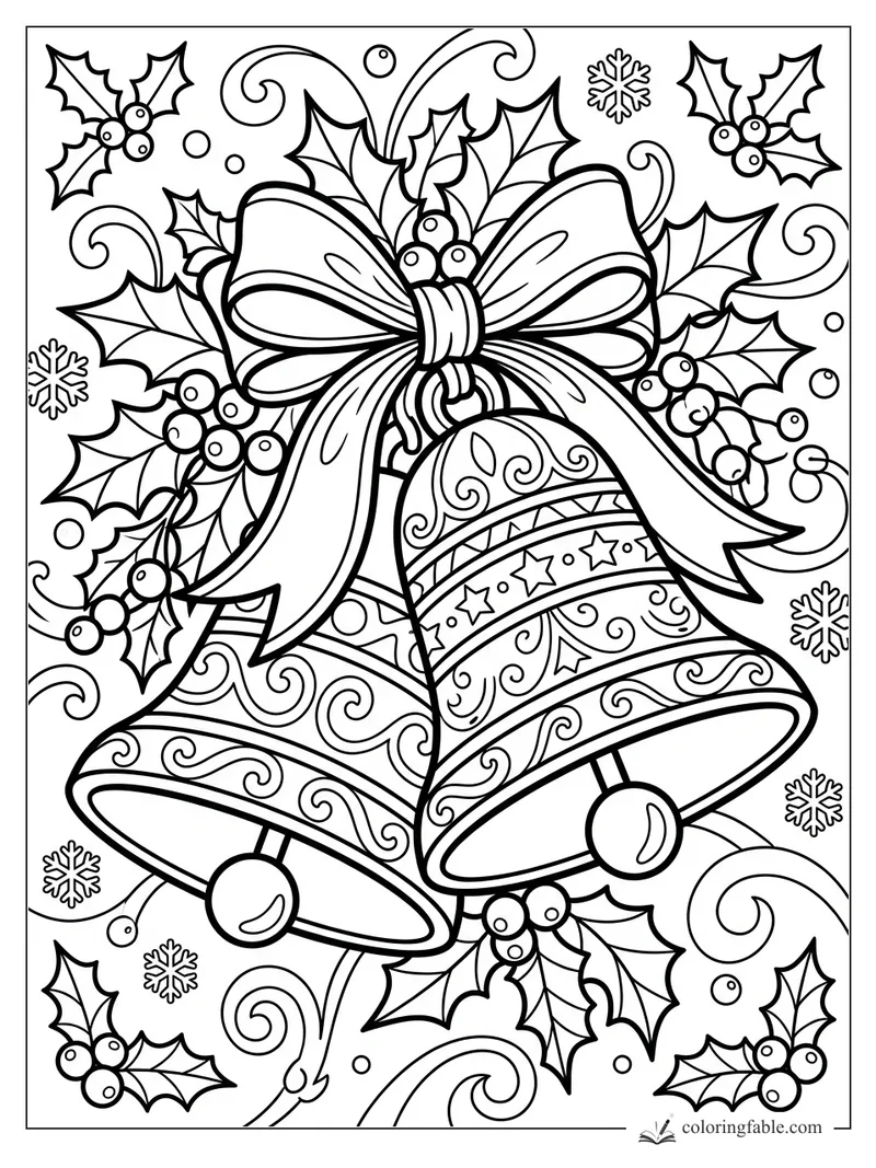 Two ornate Christmas bells tied with a large bow, surrounded by holly berries, snowflakes, and swirling curls.