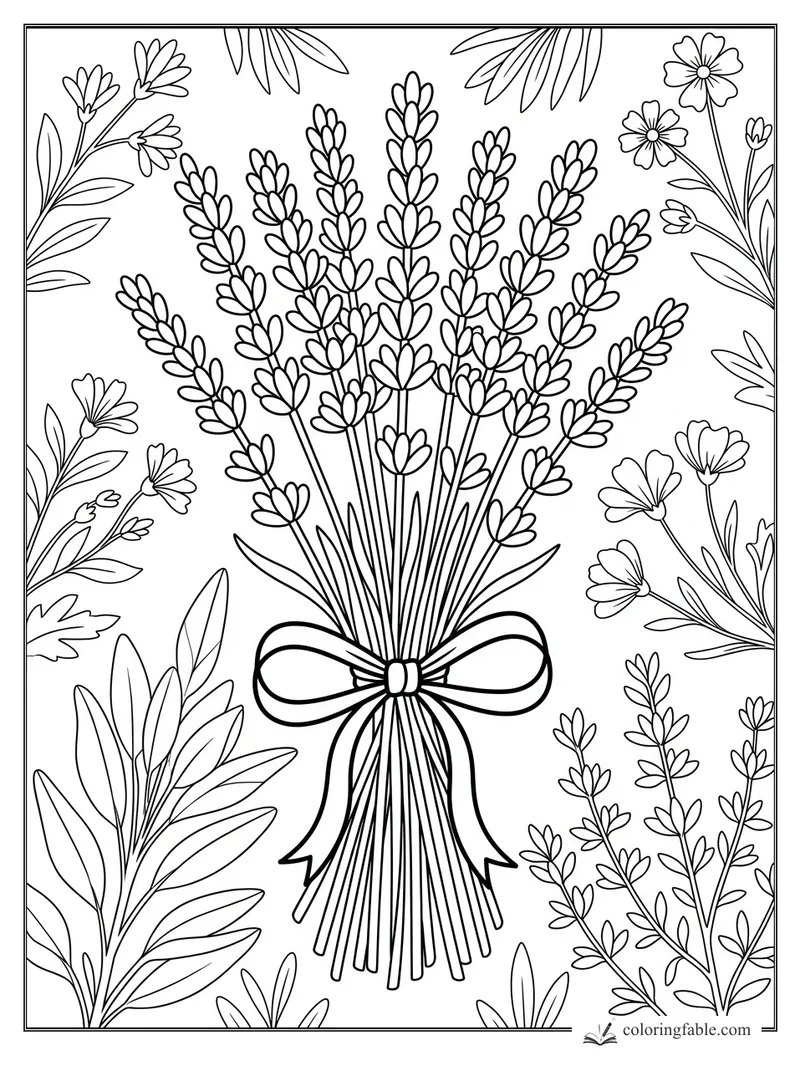 Lavender bouquet tied with a bow, framed by daisies, leafy sprigs, and wildflowers