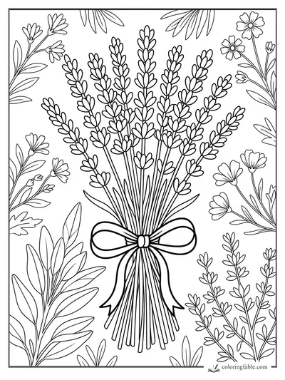 Lavender bouquet tied with a bow, framed by daisies, leafy sprigs, and wildflowers