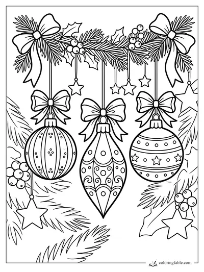 Adornos navideños para colorear con lazos, estrellas, bayas de acebo y guirnalda de pino.