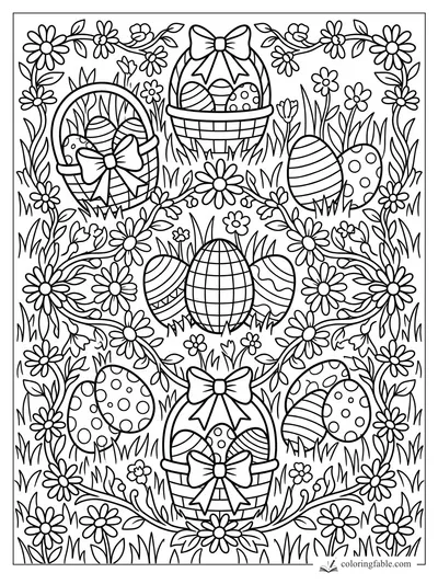 Intricate preppy coloring page with bow-tied Easter baskets, patterned eggs, daisies, vines, and tall grass.