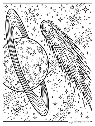 Ringed cratered planet with a bright comet, star clusters, and swirling space trails