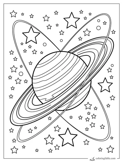 Ringed planet coloring page with striped bands, looping orbits, small stars, and circle bubbles
