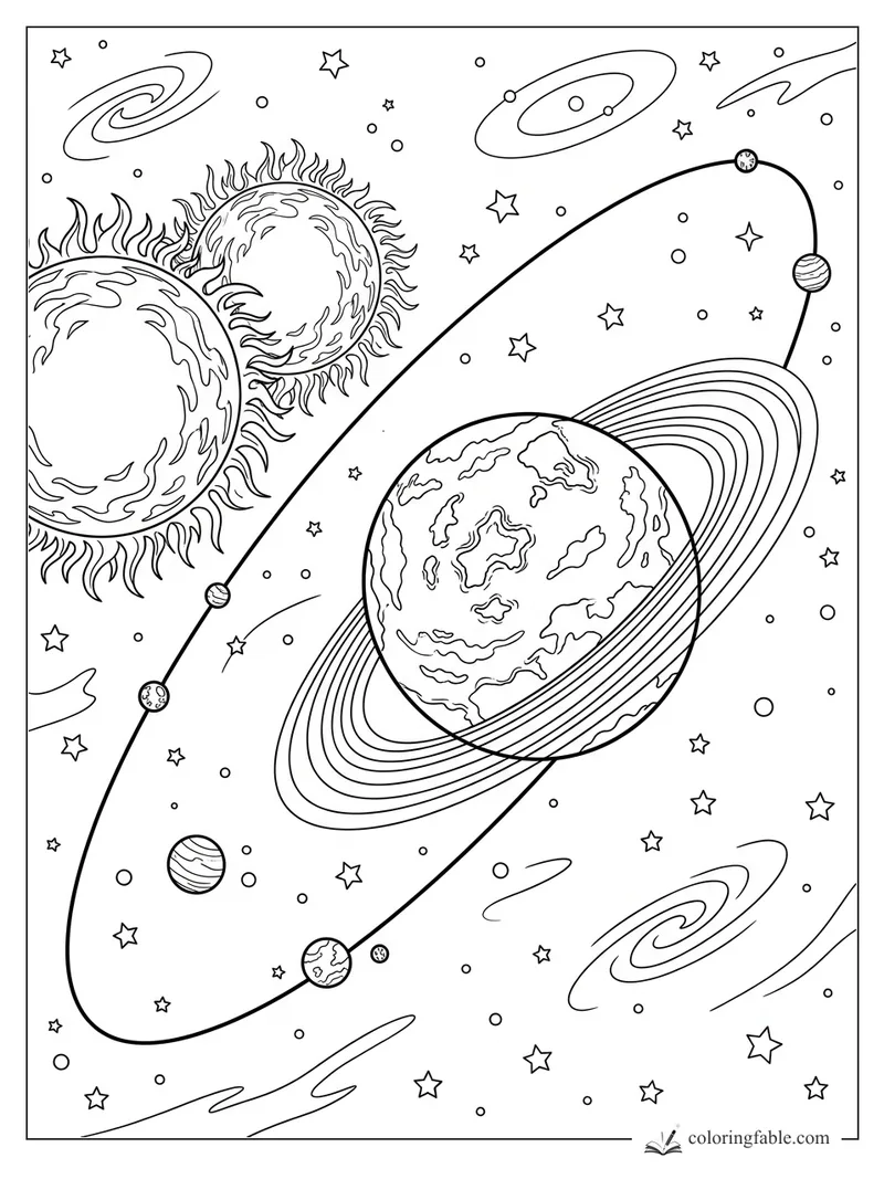 Ringed planet with small moons, stars, spiral galaxies, and two flaming suns in space