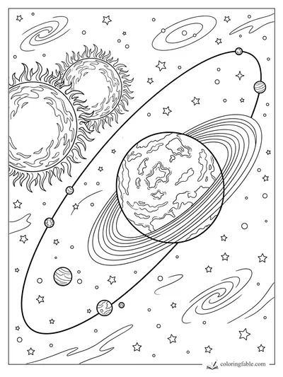 Ringed planet with small moons, stars, spiral galaxies, and two flaming suns in space