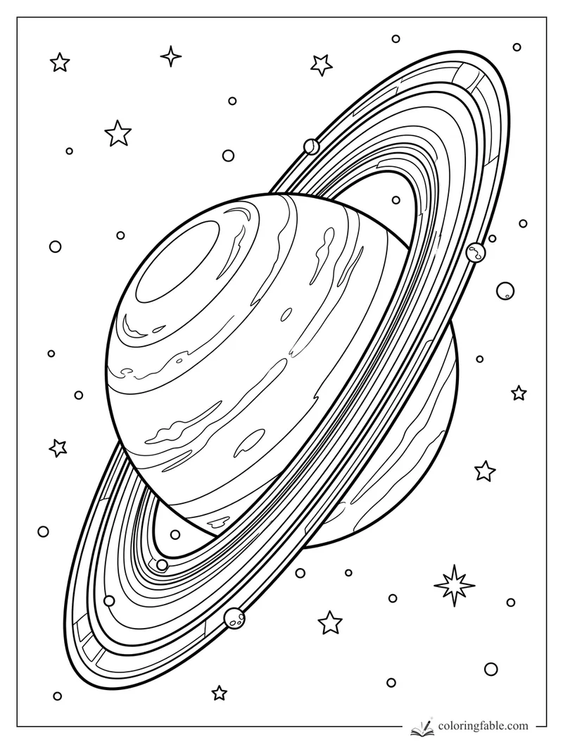 Realistic ringed planet with striped clouds, tiny moons, stars, and space dots to color